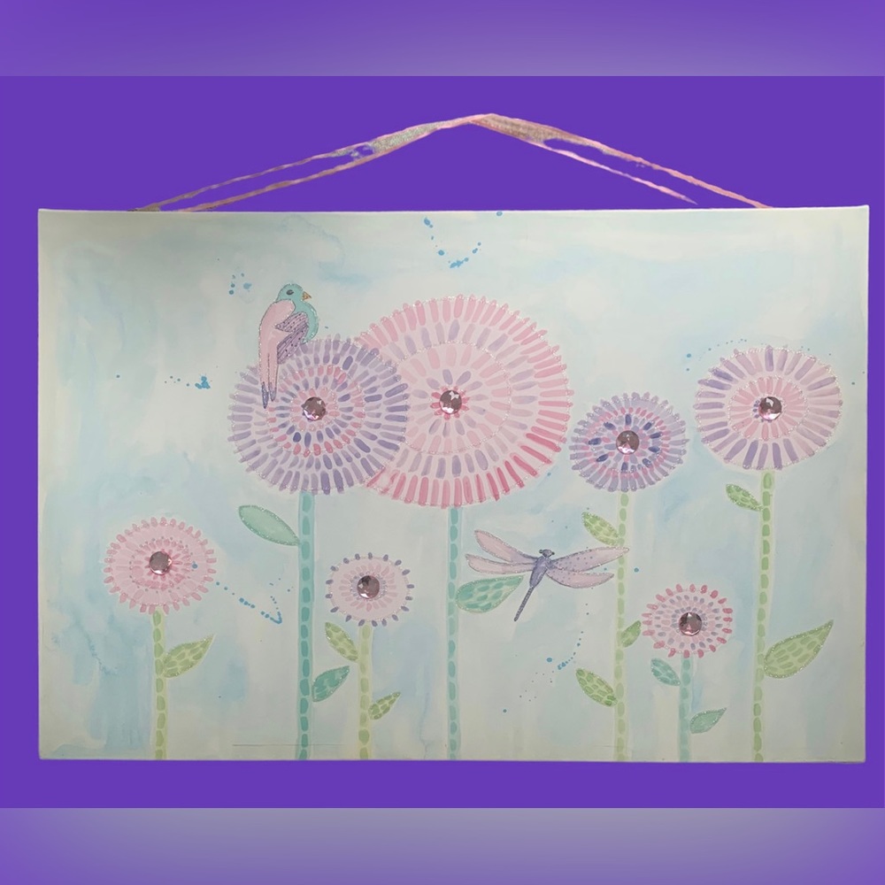 Canvas Print 24” x 36” Of PomPom Flowers With Rhinestones Glitter Bird Dragonfly